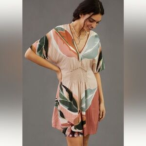 Anthropologie Bl-nk Micro Kaftan tropic print pink beige green one size / medium
